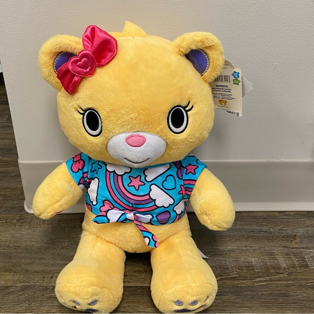 Build a Bear Yellow Kawaii Kabu Bearnice 17" Pink Bow w/ rainbow crop top‎ NWT